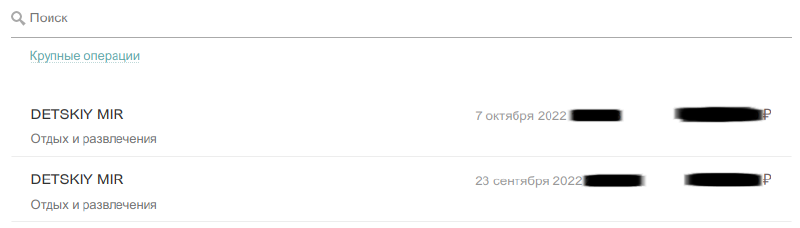 скриншот отчёта Сбера; DETSKIY MIR категоризирован как «Отдых и развлечения»